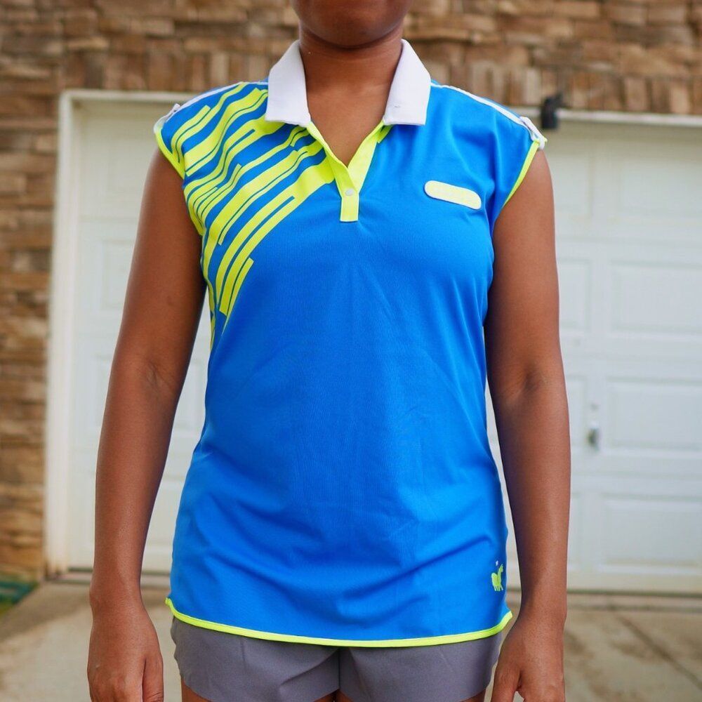 Adidas Women’s Sleeveless Golf Polo M Blue Neon Yellow Athletic Top
